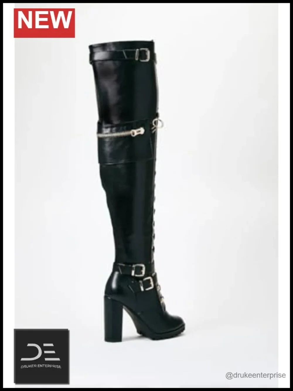 Chunky Block Heel Over the Knee Boots Lace Up Combat Riding Boots Side Zipper